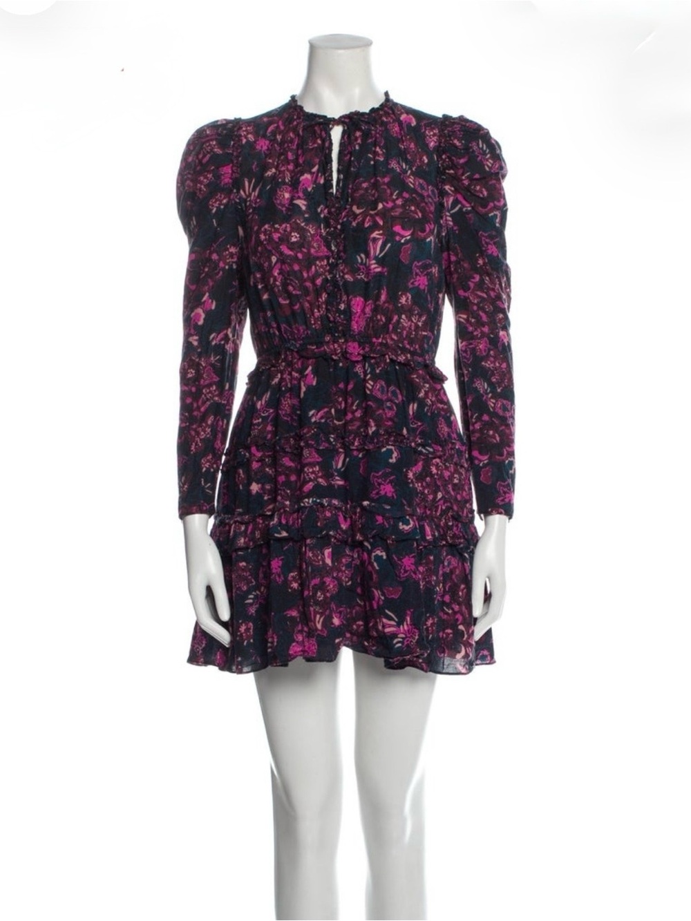 Ulla Johnson Navy and Magenta Floral Ruffled Long-Sleeve Mini Dress